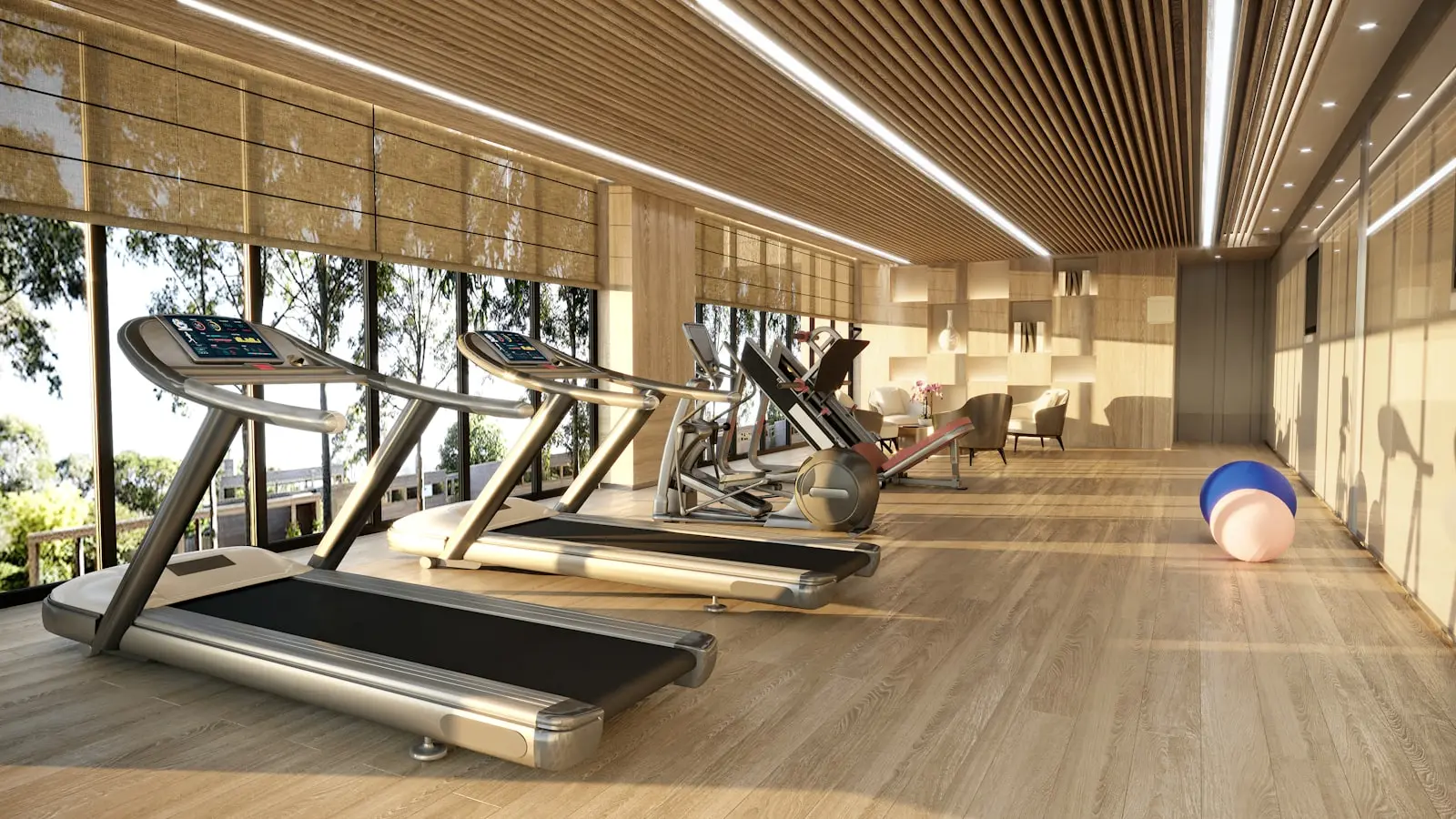 Gimnasio residencial con equipos modernos y luz natural, imagen de referencia